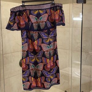 NWOT Butterfly Print ruffle off shoulder dress